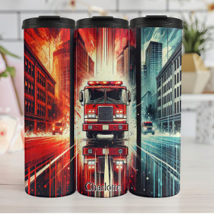 Garrafa Térmica Caminhão-Fogo Conduzindo Pela Cidade