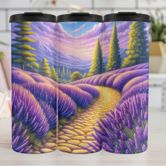 Garrafa Térmica Caminho De Montanha Através De Campos De Lavanda.