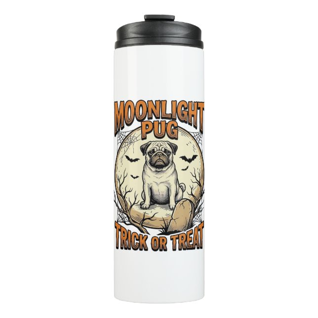 Garrafa Térmica Camiseta de Halloween Pug com Lua de Gravura Vinta (Frente)