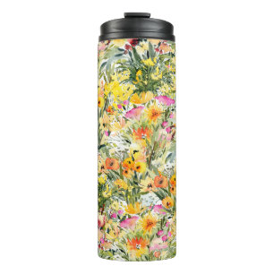 Garrafa Térmica Campo das flores pequenas: Aquarela Brilhante.