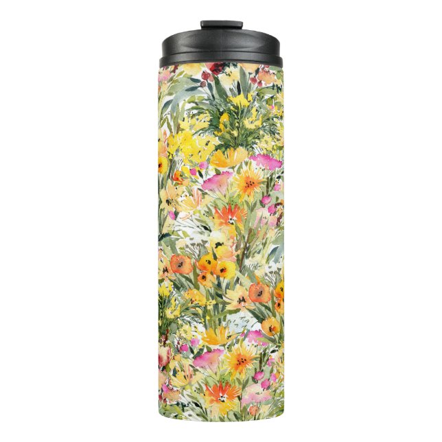 Garrafa Térmica Campo das flores pequenas: Aquarela Brilhante. (Frente)