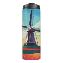 Campo de Tulipas com Moinho de Vento Holanda Ilust