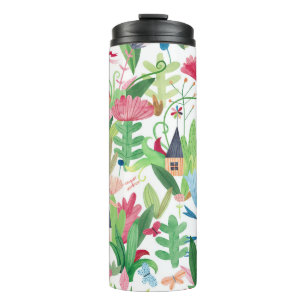 Garrafa Térmica Campos Florais: Padrão de Casas de Aquarela