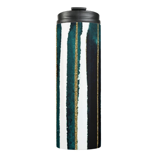 Garrafa Térmica Caneca com listras de purpurina verde e dourada (Frente)