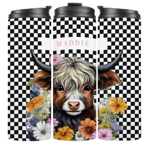 Garrafa Térmica Caneca de Tumbler Xadrez Floral Vaca Highland Rúst