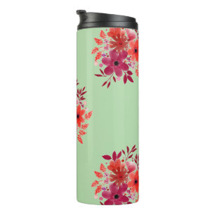 Garrafa Térmica Caneca de Viagem com Flores Vermelhas em Aquarela 