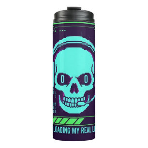 Garrafa Térmica Caneca de Viagem Crânio Pixel Cyberpunk - Carregan