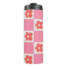 Garrafa Térmica Caneca de Viagem Floral Xadrez Rosa | Flor Retro
