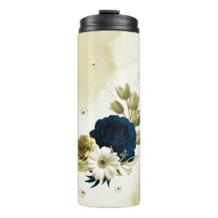Garrafa Térmica caneca térmica de flores douradas marfim azul nava