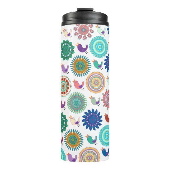 Garrafa Térmica Cantando Pássaro e Mandala - Padrão de Arte Folk (Frente)