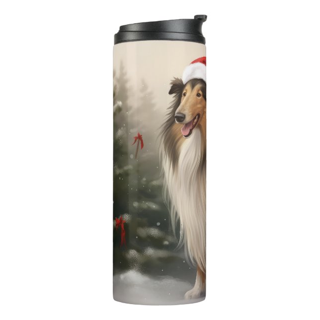 Garrafa Térmica Cão Collie Áspero na Neve Natal (Giro à esquerda)