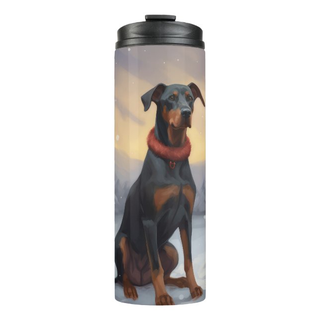 Garrafa Térmica Cão Doberman na Neve Natal  (Frente)