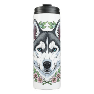 Garrafa Térmica Cão Husky Siberiano e Flores de Laurel da Montanha