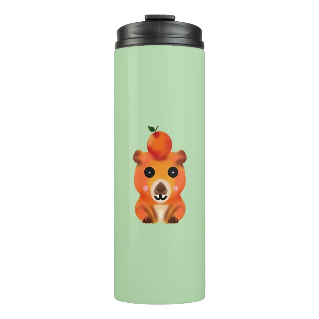 Garrafa Térmica Capivara Fofa e Felpuda com Laranja | Ar Kawaii de (Frente)