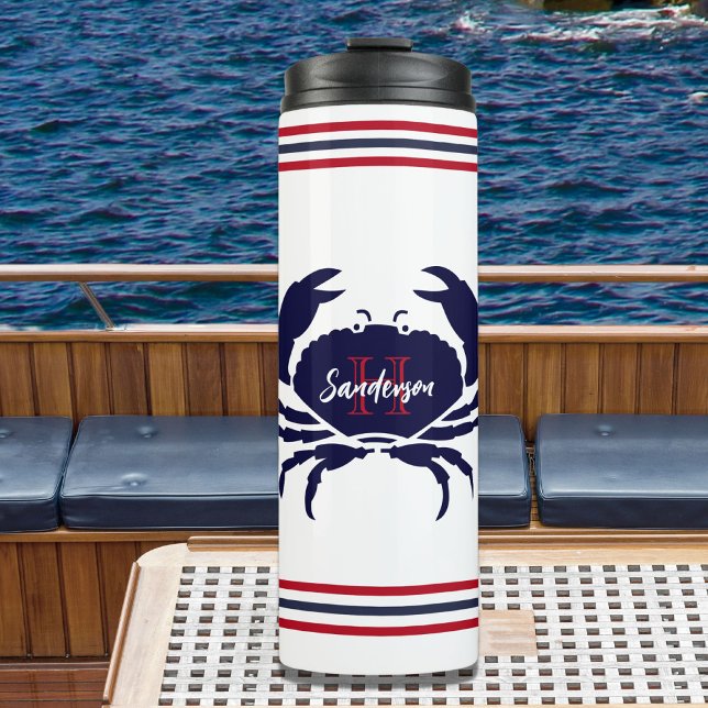 Garrafa Térmica Caranguejo branco azul-marinho, monograma, (Criador carregado)