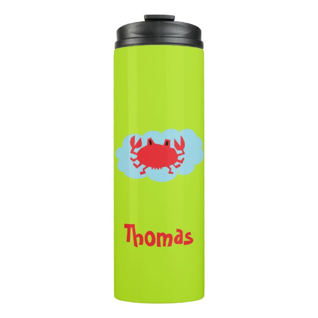 Garrafa Térmica Caranguejo vermelho de nome personalizado em azul  (Frente)