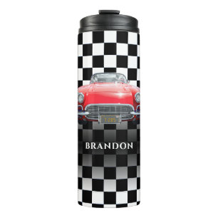 Garrafa Térmica Carro Esportivo Vermelho, Nome Branco, Xadrez Pret