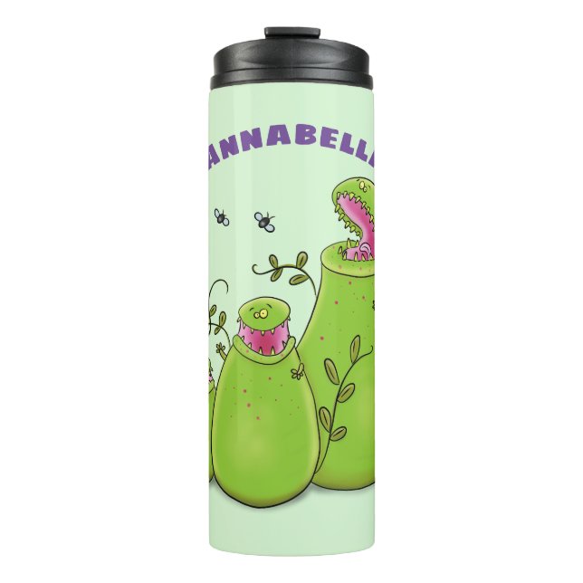 Garrafa Térmica Cartoon de plantas carnívoras verdes e engraçadas (Frente)