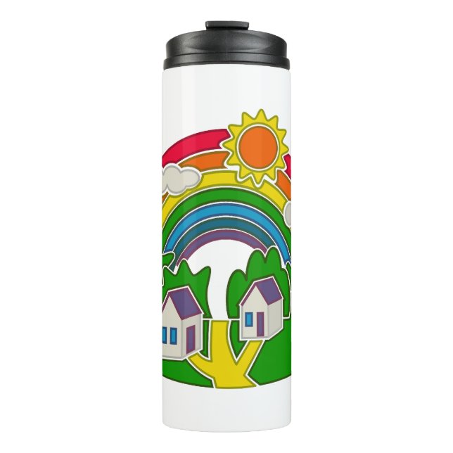 Garrafa Térmica Cartoon rural com arco-íris e casa de campo (Frente)