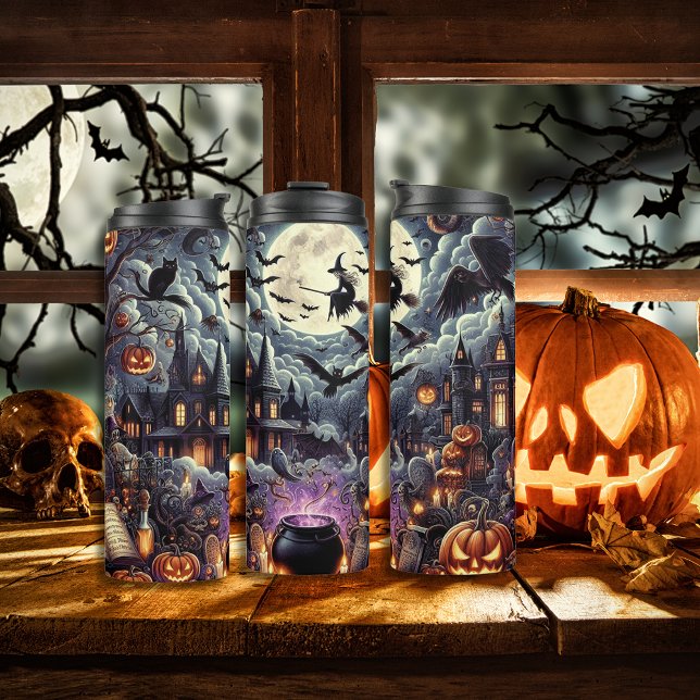 Garrafa Térmica Casa assombrada de Spooky Halloween Bruxa e Pumpki (Spooky Halloween haunted house Witch and Pumpkins Thermal Tumbler)