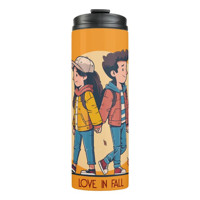 Garrafa Térmica Casal com as mãos caminhando juntas no outono (Frente)