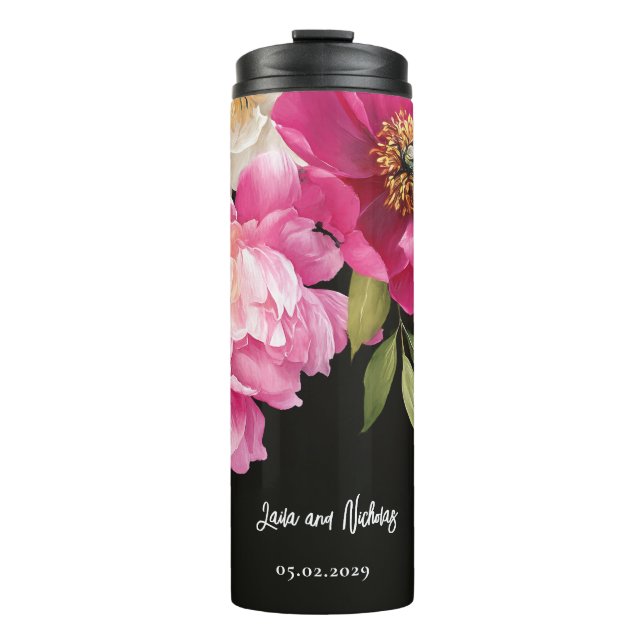 Garrafa Térmica Casamento Floral de Peony Floral, Cor Rosa e Branc (Frente)