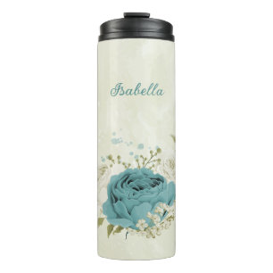 Garrafa Térmica casamento verde com flores brancas azuis