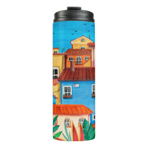 Garrafa Térmica Casas italianas. Mão de Gouache desenhada