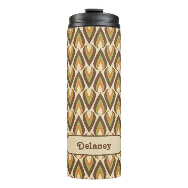 Garrafa Térmica Castanho, Laranja, Colírio Geométrico Retro Verde (Frente)