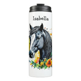 Garrafa Térmica Cavalo Negro Cercado por Flores Personalizadas