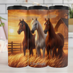 Garrafa Térmica Celeiro de Três Cavalos Pôr do Sol Campo