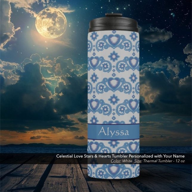 Garrafa Térmica Célestial Amor Estrelas Corações Azul Branco (Celestial Love Stars and Hearts White Thermal Tumbler Personalized with Your Name)