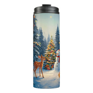 Garrafa Térmica Cena da Árvore de Natal Fofo Deer Fawn Snowman