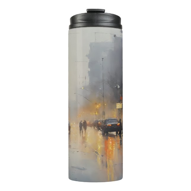 Garrafa Térmica Cena de Chuva da Noite Urbana (Frente)