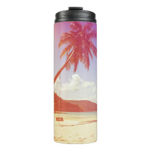 Garrafa Térmica Cena de praia, coqueiro, cama de madeira.