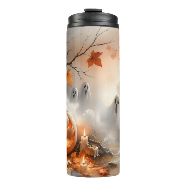 Garrafa Térmica Cena do Dia das Bruxas com abóbora e fantasmas (Frente)