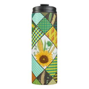 Garrafa Térmica Cereais de retalhos, girassóis, padrão geométrico.