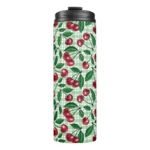 Garrafa Térmica Cerejas vermelhas em gingham verde-claro