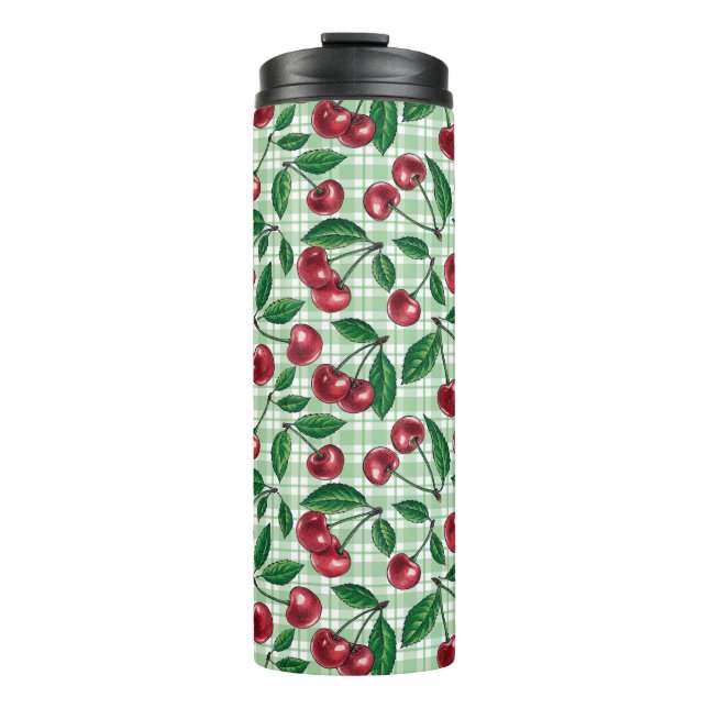 Garrafa Térmica Cerejas vermelhas em gingham verde-claro (Frente)