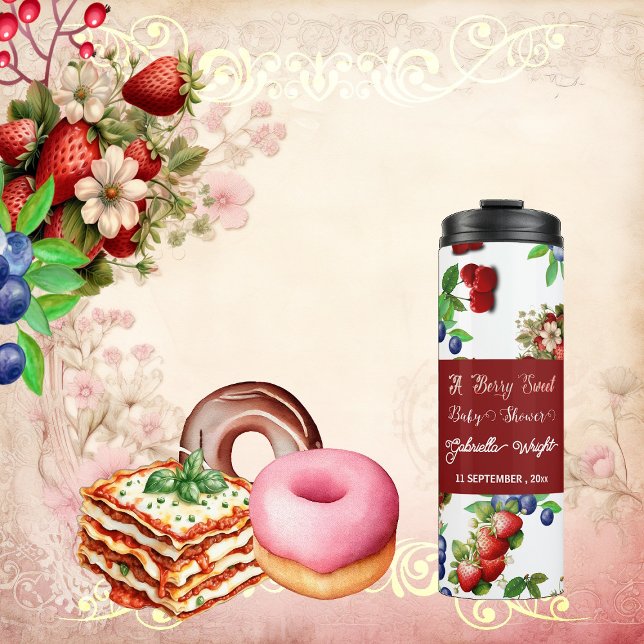 Garrafa Térmica Chá de fraldas de Morango Vermelho | Blue Berry Sw (Red Strawberry Baby Shower | Blue Berry Sweet Cute Thermal Tumbler)