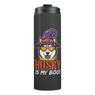 Garrafa Térmica Chapéu de Bruxa do Husky de Halloween é Meu Amor
