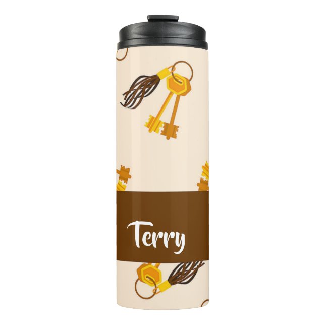 Garrafa Térmica Chaves Douradas da casa a rosa (Frente)