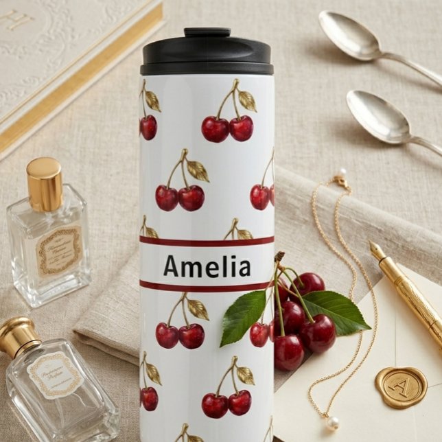 Garrafa Térmica Cherry & Golden Leaves Custom Name Design Gift (Criador carregado)