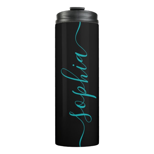 Garrafa Térmica Chic Black Teal Green Script Name Thermal Tumbler (Frente)