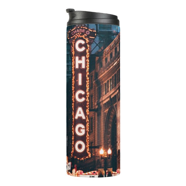 Garrafa Térmica Chicago - Símbolo Neon Illinois à noite (Rotação à direita)
