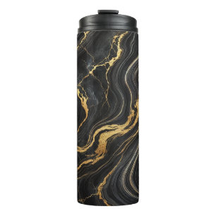 Garrafa Térmica Chique Glamour Preto e Dourado com Efeito Mármore