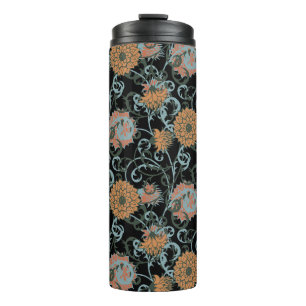 Garrafa Térmica Chrysanthemum Black Background, Floral Vintage.