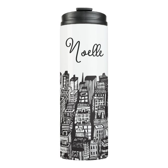 Garrafa Térmica Cidade do Centro Preto e Branco, Skyscrapers, Nome (Frente)