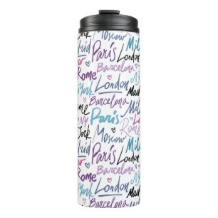 Garrafa Térmica Cidades Famosas Escritas à Mão do Padrão Mundial