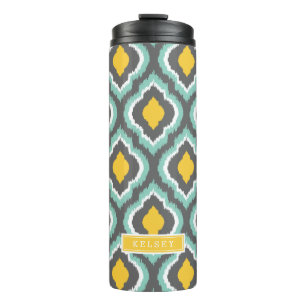 Garrafa Térmica Cinza Aqua e amarelo Ikat marroquino Monograma